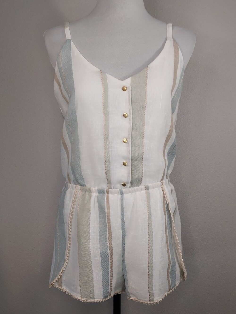 Flutter Off White Blue Green Beige Vertical Stripes Spaghetti Strap Romper Small